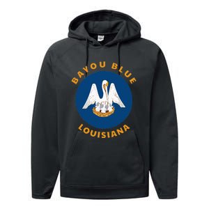 Bayou Blue Louisiana LA Flag Badge Roundlet Souvenir Performance Fleece Hoodie