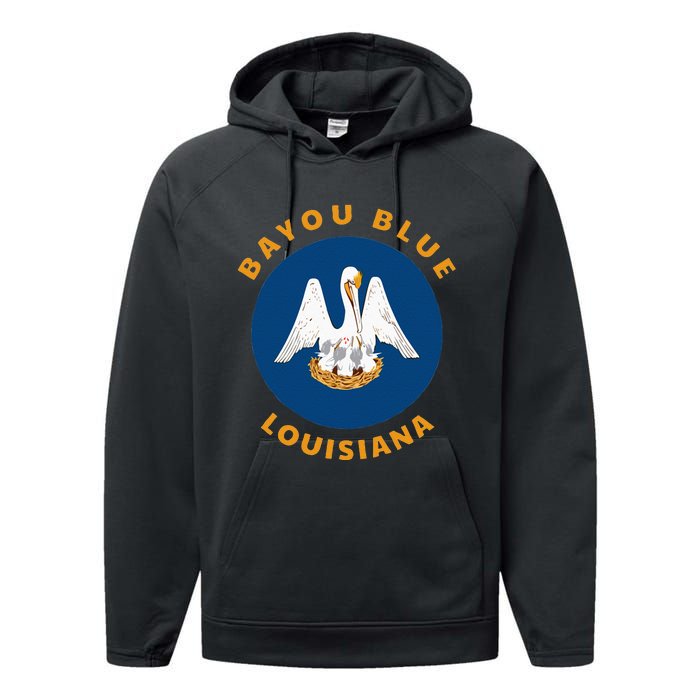 Bayou Blue Louisiana LA Flag Badge Roundlet Souvenir Performance Fleece Hoodie