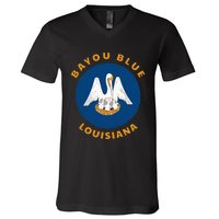 Bayou Blue Louisiana LA Flag Badge Roundlet Souvenir V-Neck T-Shirt