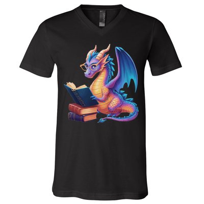 Bookworm Book Lover Women Dragon Reading V-Neck T-Shirt