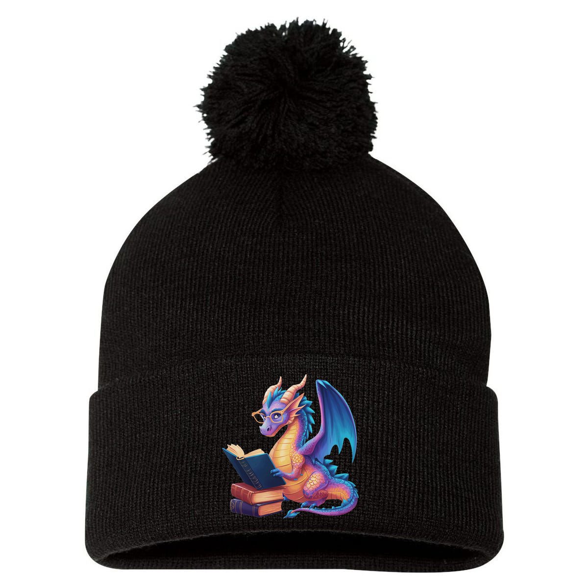 Bookworm Book Lover Women Dragon Reading Pom Pom 12in Knit Beanie