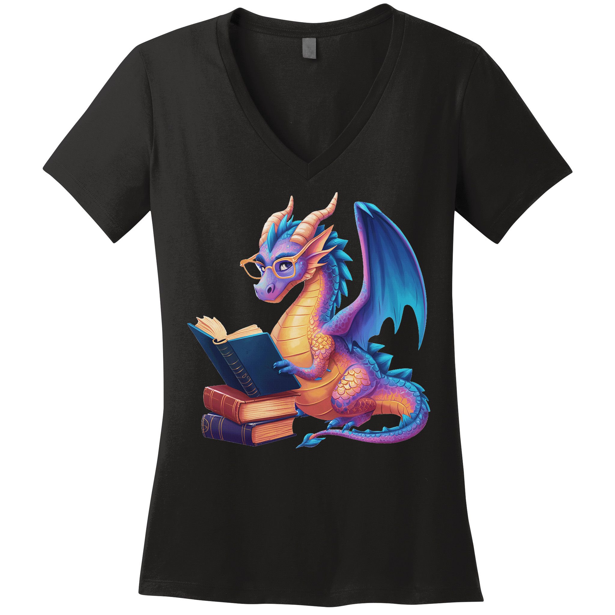 Bookworm Book Lover Women Dragon Reading Women's V-Neck T-Shirt