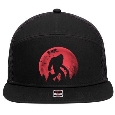 Bigfoot Blood Moon Full Moon On Halloween And Flying Witch 7 Panel Mesh Trucker Snapback Hat