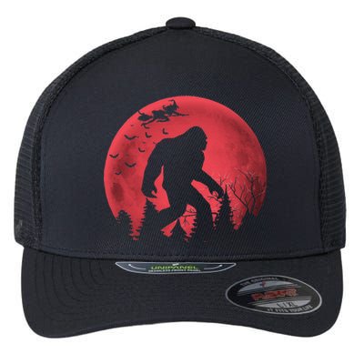 Bigfoot Blood Moon Full Moon On Halloween And Flying Witch Flexfit Unipanel Trucker Cap