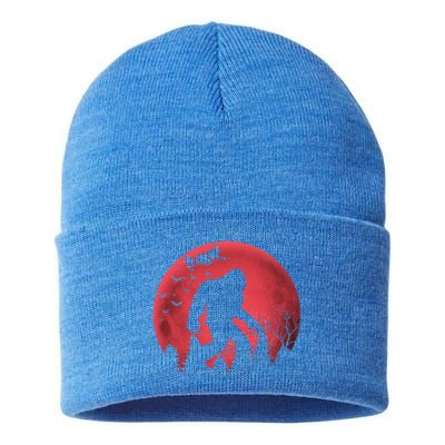 Bigfoot Blood Moon Full Moon On Halloween And Flying Witch Sustainable Knit Beanie