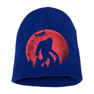 Bigfoot Blood Moon Full Moon On Halloween And Flying Witch Short Acrylic Beanie