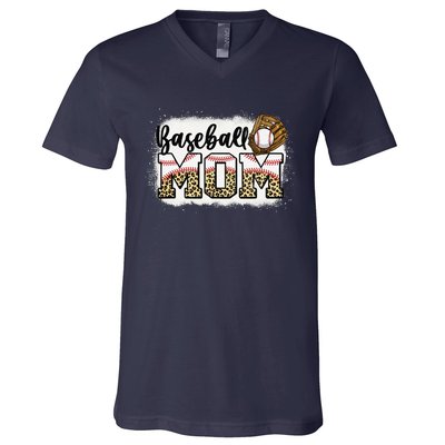 Bleached Baseball Mom Leopard MotherS Day V-Neck T-Shirt