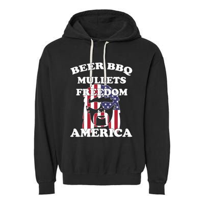 Beer Bbq Mullets Freedom America Funny Patriotic Graphic Gift Garment-Dyed Fleece Hoodie