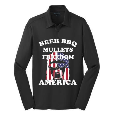 Beer Bbq Mullets Freedom America Funny Patriotic Graphic Gift Silk Touch Performance Long Sleeve Polo