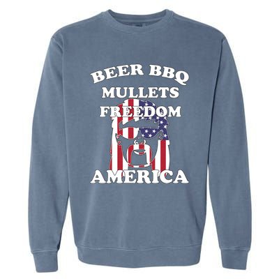 Beer Bbq Mullets Freedom America Funny Patriotic Graphic Gift Garment-Dyed Sweatshirt