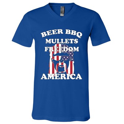 Beer Bbq Mullets Freedom America Funny Patriotic Graphic Gift V-Neck T-Shirt