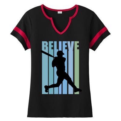 Believe Baseball Motivational Hitting Ball Retro Cool Great Gift Ladies Halftime Notch Neck Tee