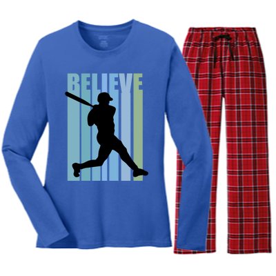 Believe Baseball Motivational Hitting Ball Retro Cool Great Gift Women's Long Sleeve Flannel Pajama Set 