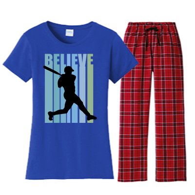 Believe Baseball Motivational Hitting Ball Retro Cool Great Gift Women's Flannel Pajama Set