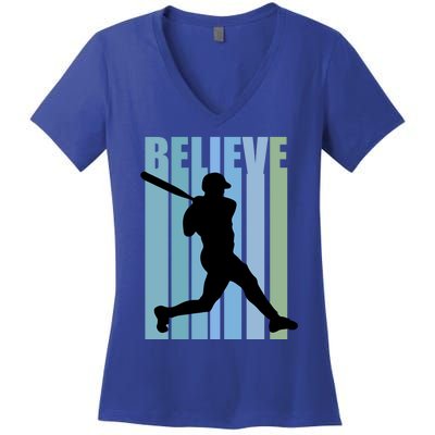 Believe Baseball Motivational Hitting Ball Retro Cool Great Gift Women's V-Neck T-Shirt