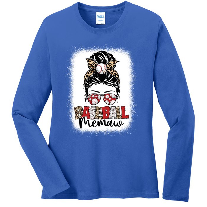 Bleached Baseball Memaw Leopard Messy Bun Mothers Day Gift Ladies Long Sleeve Shirt