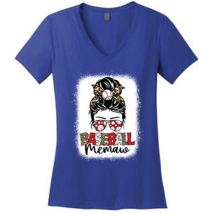 Bleached Baseball Memaw Leopard Messy Bun Mothers Day Gift Women's V-Neck T-Shirt