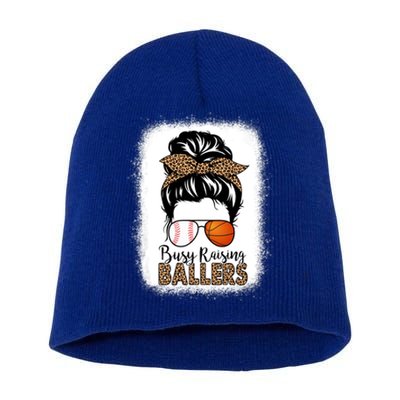 Basketball Baseball Mom Busy Raising Ballers Messy Bun Meaningful Gift Short Acrylic Beanie