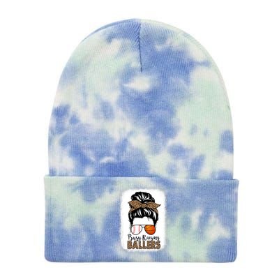 Basketball Baseball Mom Busy Raising Ballers Messy Bun Meaningful Gift Tie Dye 12in Knit Beanie