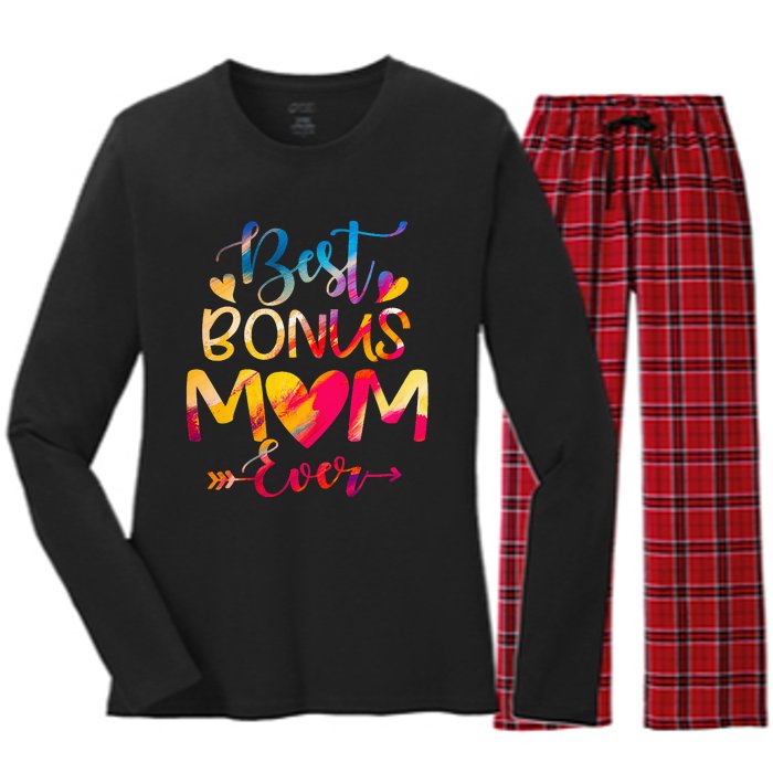 Best Bonus Mom Ever Tie Dye funny Mother's Day Women's Long Sleeve Flannel Pajama Set 