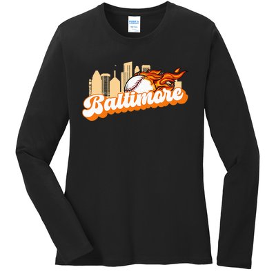 Baltimore Baseball Minimal City Skyline Ladies Long Sleeve Shirt