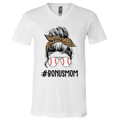 Baseball Bonus Mom Life Messy Bun Stepmom Life Messy Bun V-Neck T-Shirt