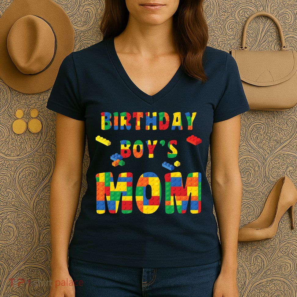 Building Block Mom Of Birthday Boy Women's V-Neck T-Shirt
