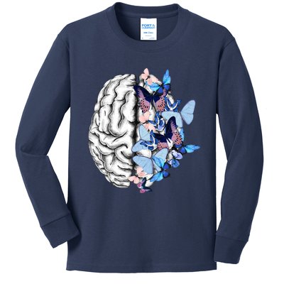 Blue Butterflies Mental Health Brain Psychology Kids Long Sleeve Shirt