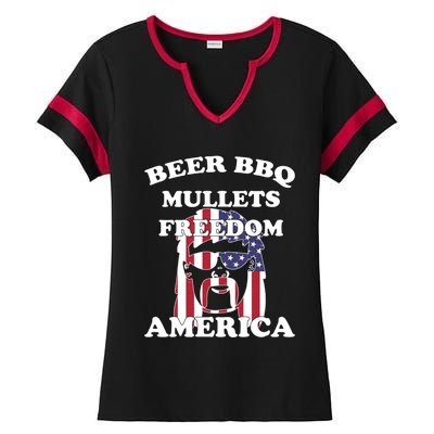 Beer Bbq Mullets Freedom America Funny Patriotic Graphic Gift Ladies Halftime Notch Neck Tee