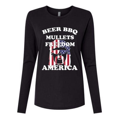 Beer Bbq Mullets Freedom America Funny Patriotic Graphic Gift Womens Cotton Relaxed Long Sleeve T-Shirt