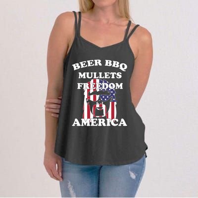 Beer Bbq Mullets Freedom America Funny Patriotic Graphic Gift Women's Strappy Tank