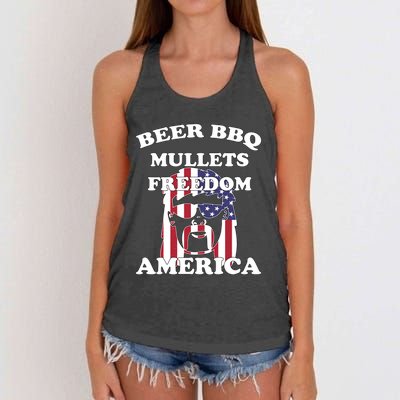 Beer Bbq Mullets Freedom America Funny Patriotic Graphic Gift Women's Knotted Racerback Tank