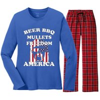 Beer Bbq Mullets Freedom America Funny Patriotic Graphic Gift Women's Long Sleeve Flannel Pajama Set 