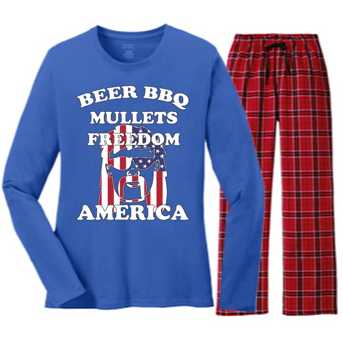 Beer Bbq Mullets Freedom America Funny Patriotic Graphic Gift Women's Long Sleeve Flannel Pajama Set 