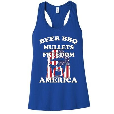 Beer Bbq Mullets Freedom America Funny Patriotic Graphic Gift Women's Racerback Tank