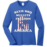 Beer Bbq Mullets Freedom America Funny Patriotic Graphic Gift Ladies Long Sleeve Shirt