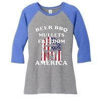 Beer Bbq Mullets Freedom America Funny Patriotic Graphic Gift Women's Tri-Blend 3/4-Sleeve Raglan Shirt