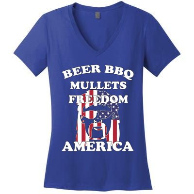 Beer Bbq Mullets Freedom America Funny Patriotic Graphic Gift Women's V-Neck T-Shirt