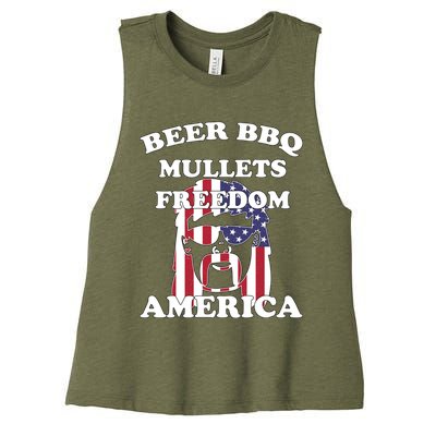 Beer Bbq Mullets Freedom America Funny Patriotic Graphic Gift Women's Racerback Cropped Tank