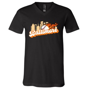 Baltimore Baseball Minimal City Skyline Retro Baseball Lover V-Neck T-Shirt