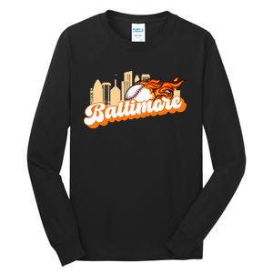 Baltimore Baseball Minimal City Skyline Retro Baseball Lover Tall Long Sleeve T-Shirt