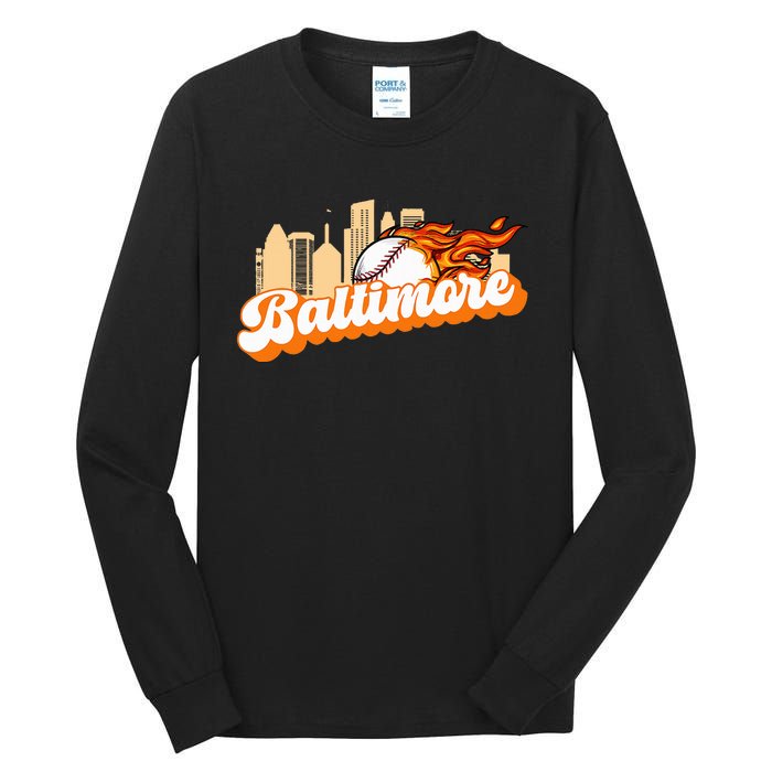 Baltimore Baseball Minimal City Skyline Retro Baseball Lover Tall Long Sleeve T-Shirt