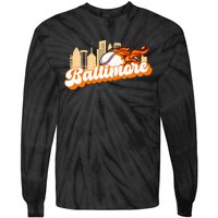 Baltimore Baseball Minimal City Skyline Retro Baseball Lover Tie-Dye Long Sleeve Shirt