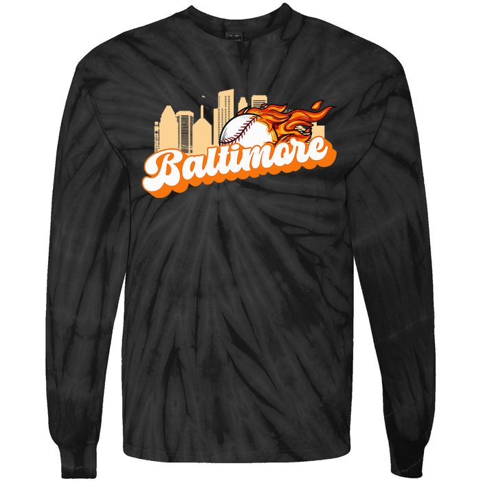 Baltimore Baseball Minimal City Skyline Retro Baseball Lover Tie-Dye Long Sleeve Shirt