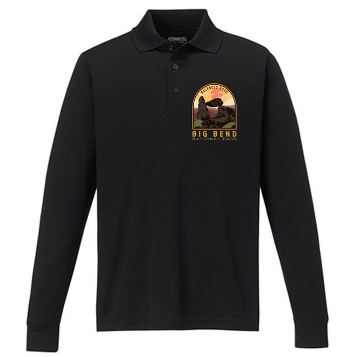 Big Bend National Park Balanced Rock Vintage Emblem Performance Long Sleeve Polo