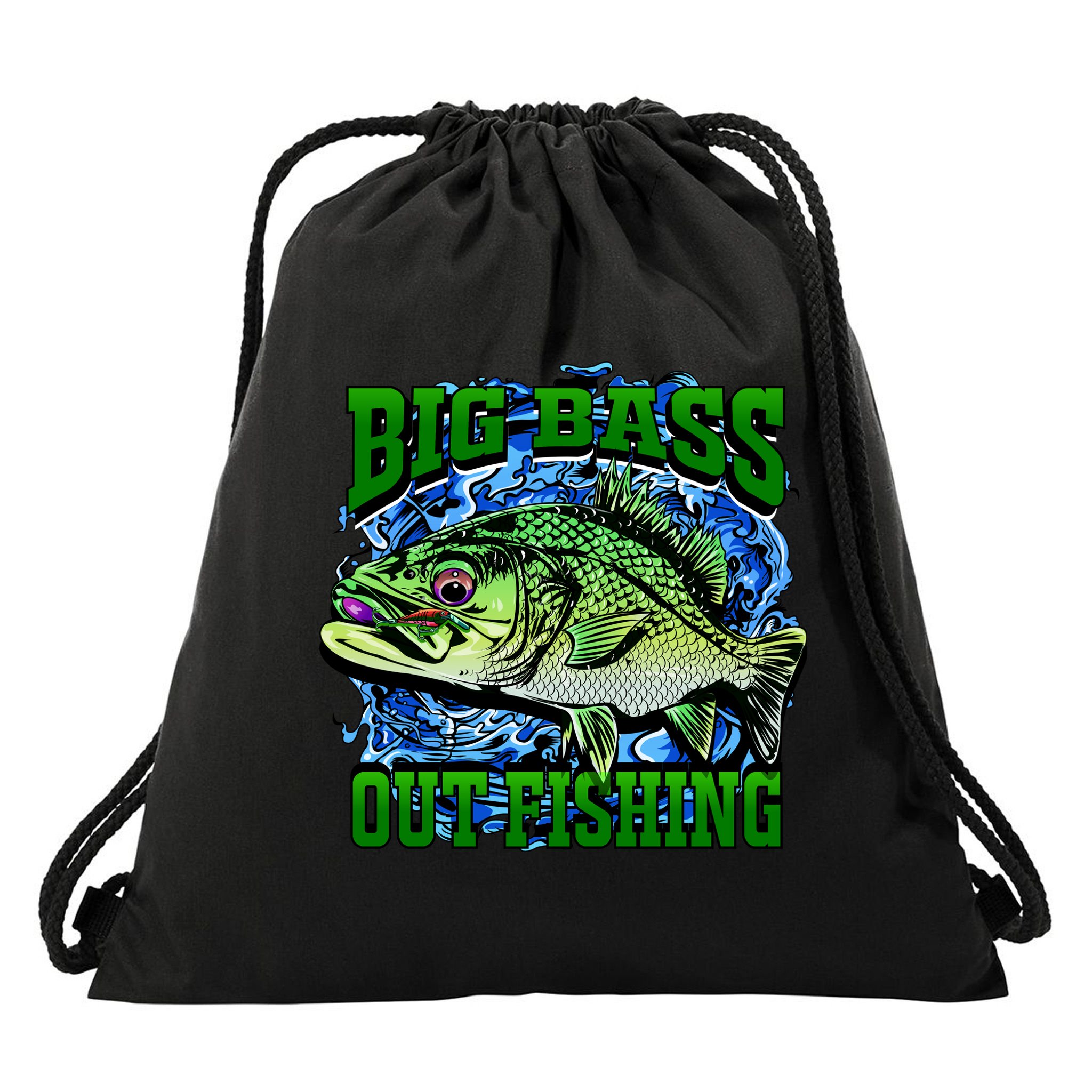 Big Bass Out Fishing Drawstring Bag