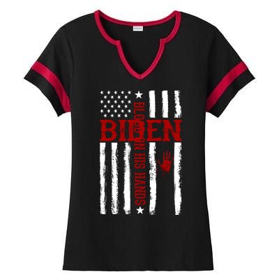 Biden Blood On His Hands American Flag Ladies Halftime Notch Neck Tee