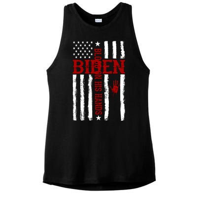 Biden Blood On His Hands American Flag Ladies PosiCharge Tri-Blend Wicking Tank