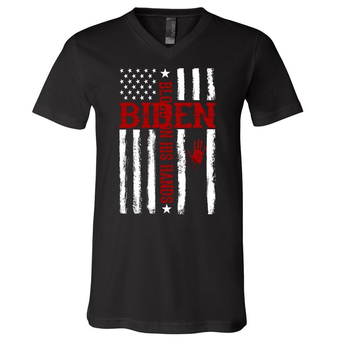 Biden Blood On His Hands American Flag V-Neck T-Shirt