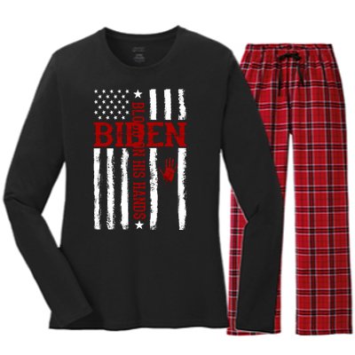 Biden Blood On His Hands American Flag Women's Long Sleeve Flannel Pajama Set 